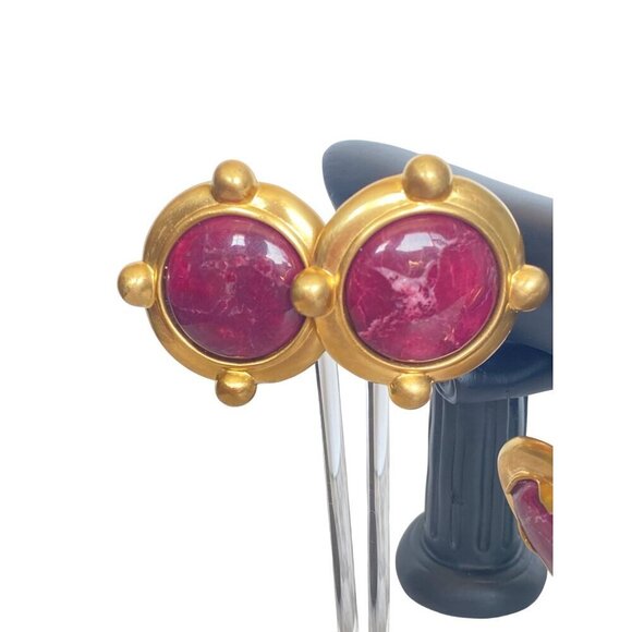 Anne‎ Klein Couture rare vintage 80s magenta marble cabochon earrings & bracelet - Picture 6 of 10